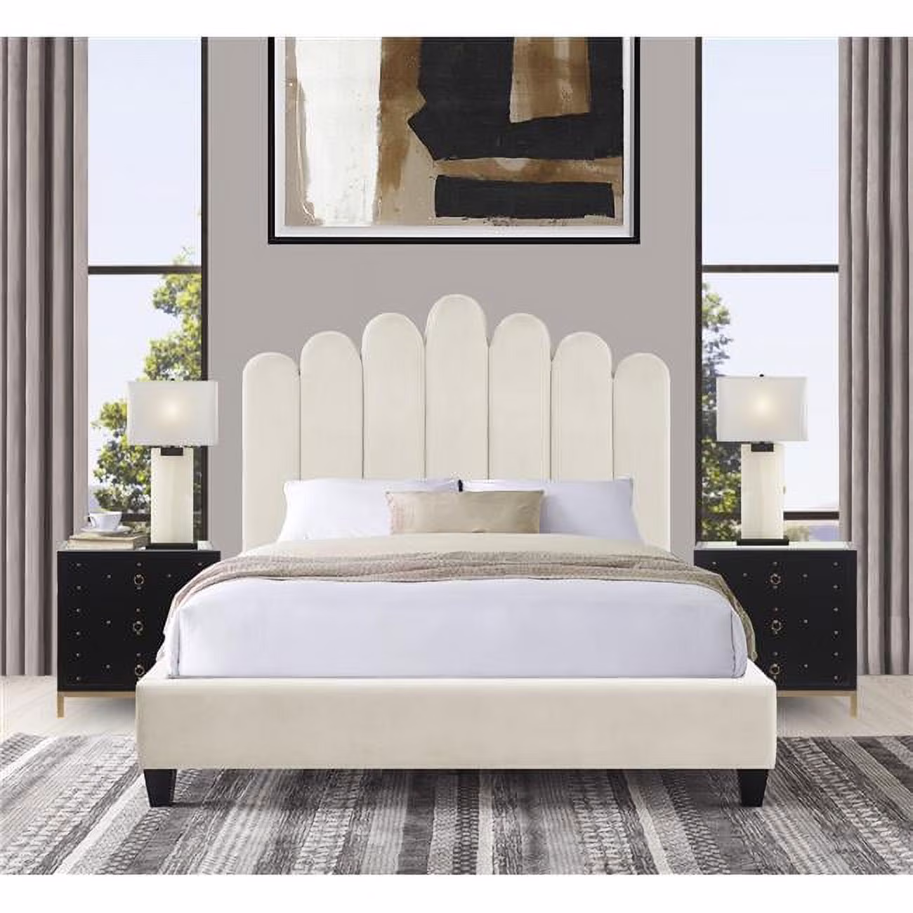 58.25 x 82.75 x 89 in. Carys Platform Bed Frame with Velvet Upholstered Vertical Channel Quilted Headboard, Beige - King Size