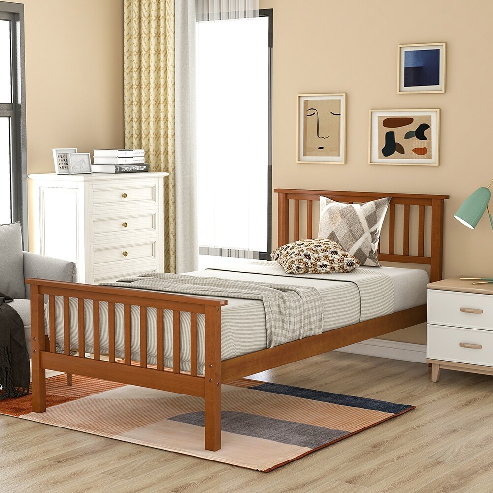 LivEditor Wood Platform Bed with Headboard and Footboard Oak