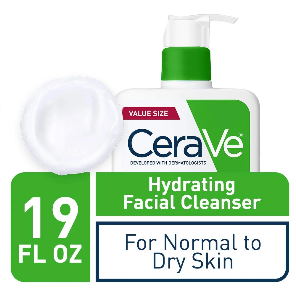 CeraVe Hydrating Facial Cleanser Moisturizing NonFoaming Face Wash with Hyaluronic Acid, Ceramides & Glycerin, Unscented, 19 Fl Oz