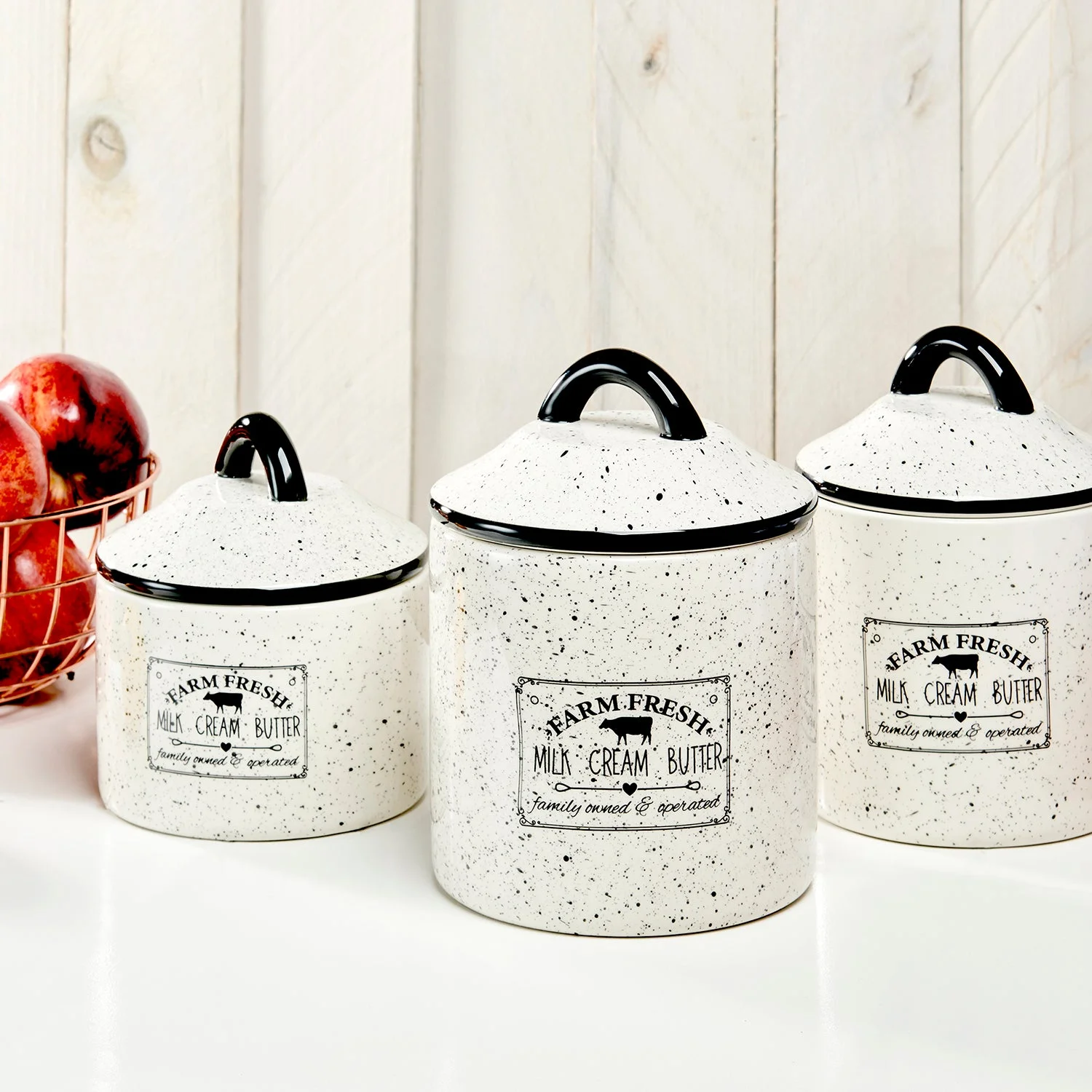 American Atelier, Round, White Ceramic Kitchen Canisters with Lids (Farm Fresh), Set of 3