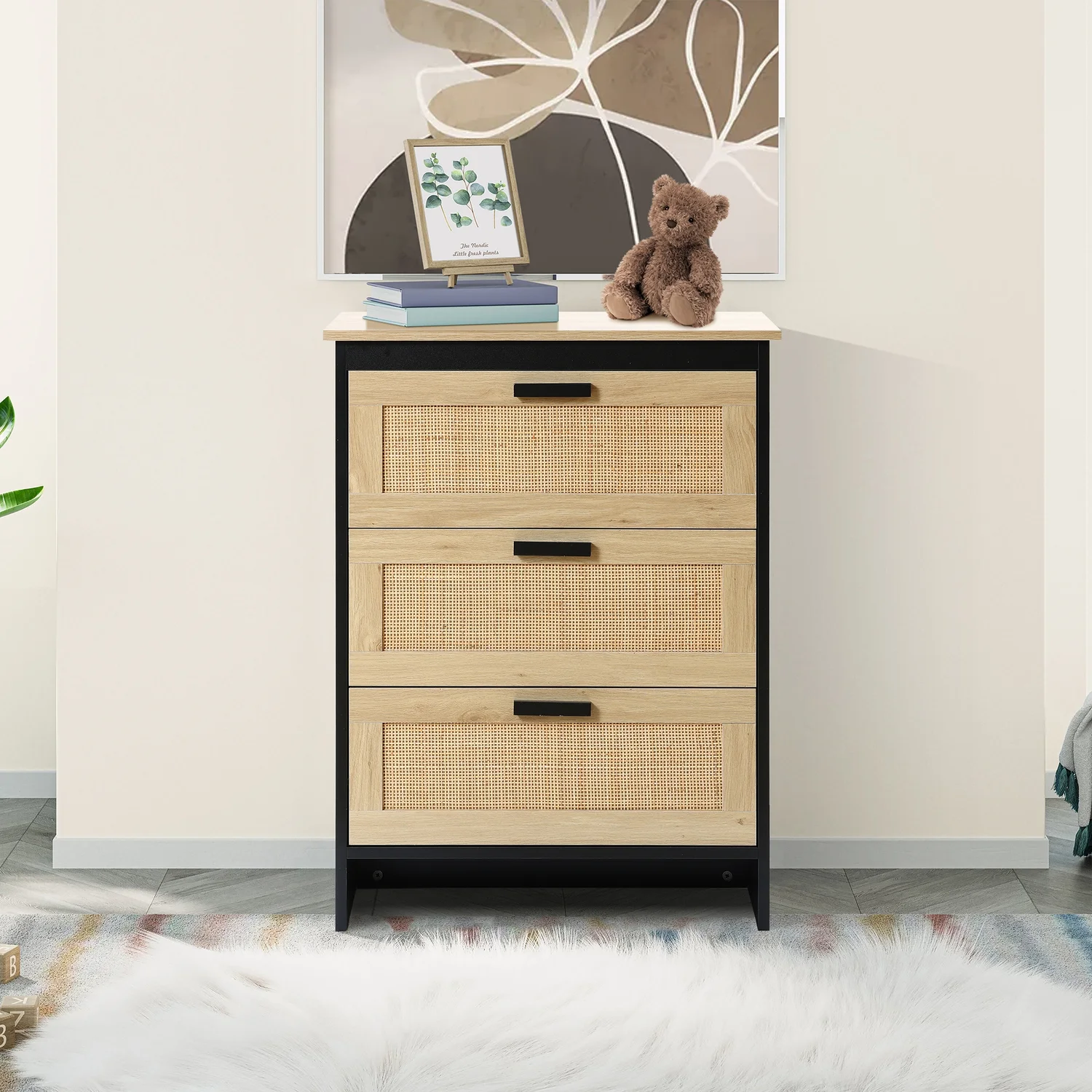 LuxenHome Black and Brown Manufactured Wood 3-Drawer Rattan Chest