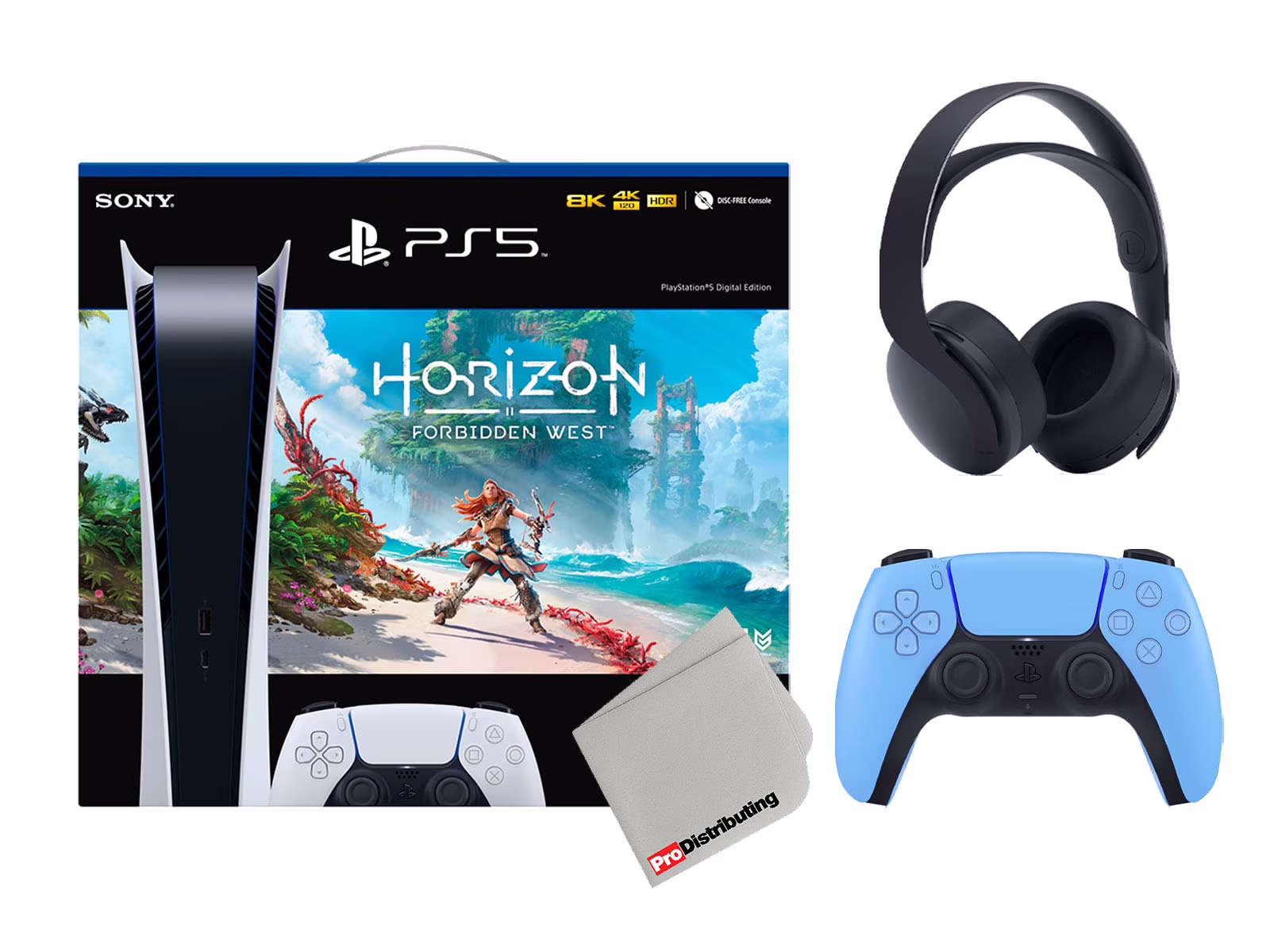 Sony Playstation 5 Digital Edition Horizon Forbidden West Bundle with Extra Blue Controller, Black PULSE 3D Wireless Gaming Headset and Microfiber Cleaning Cloth