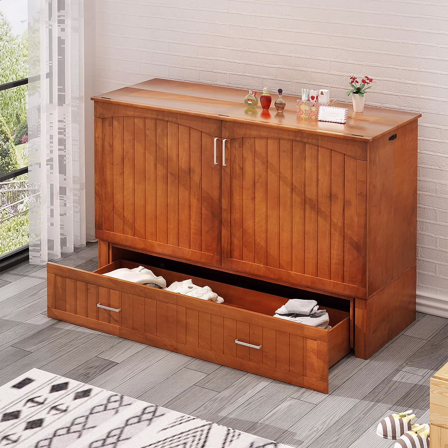 PUREMIND Murphy Bed Cabinet with Built-in Charging Station and Storage Drawer, Solid Wood Cabinet Bed Queen Size with Mattress, Murphy Cube Chest Bed for Guest Room, Home, Office,(Style 3/Cherry)