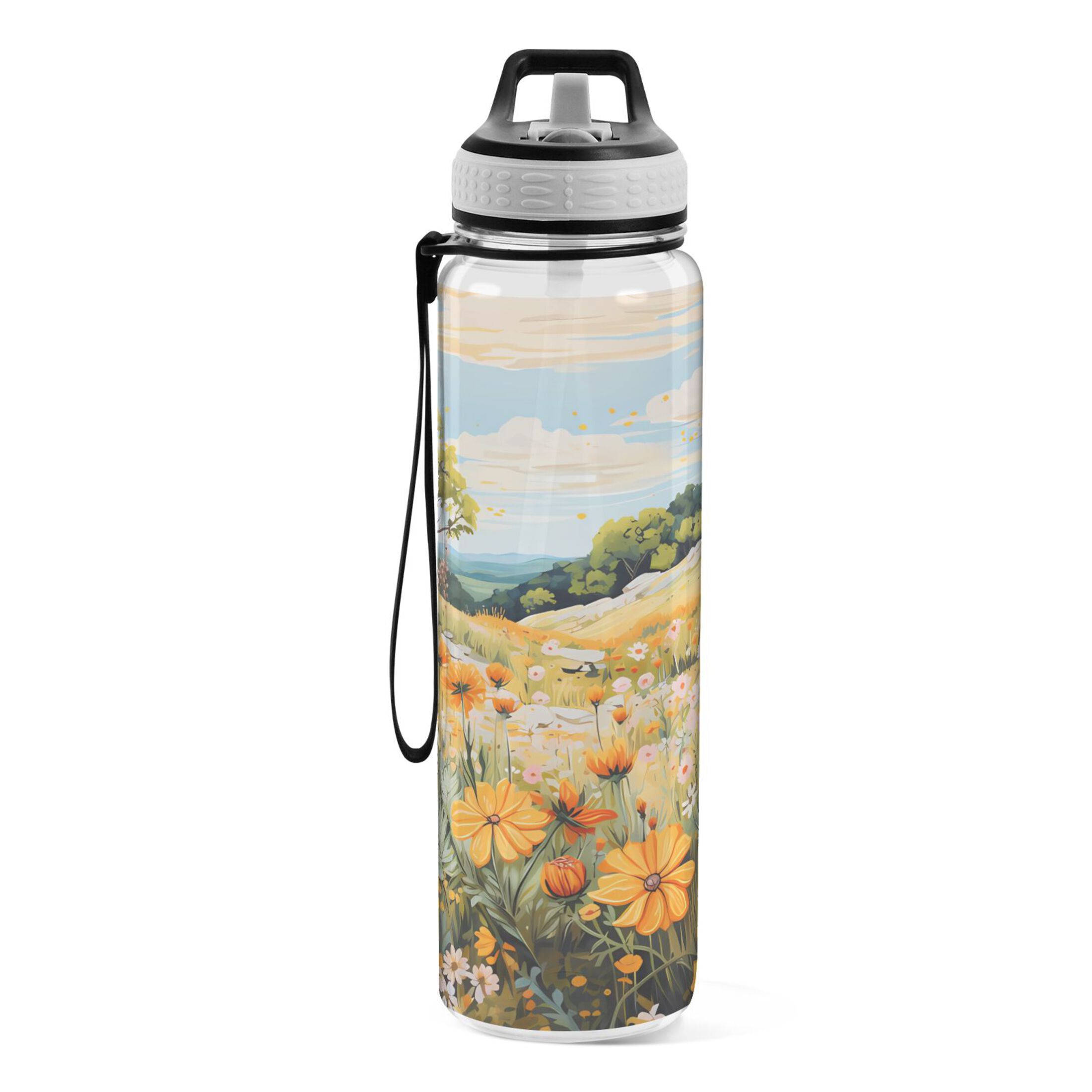 Wild Flower View 32oz Sports Water Bottles Leakproof Tritan Bottle with Straw BPA Free Clear Bottle for Fitness Gym Outdoor Cycling