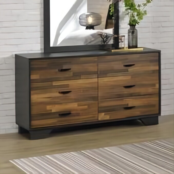Walnut Transitional Style 6-drawer Dresser in Walnut & Black Finish, Composite Wood & Venee