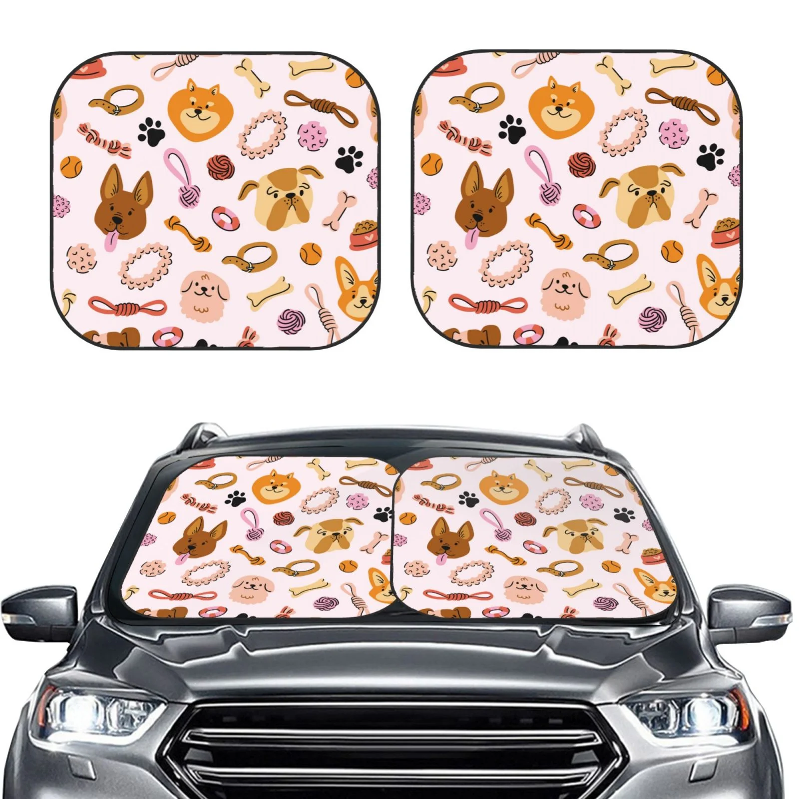 Lukts Cute Dog Print 2 Piece Car Sun Shade Windshield,Foldable Car Shade Front Windshield With Keeps Your Vehicle Cool, For Most Sedans Suv And Trucks - Small