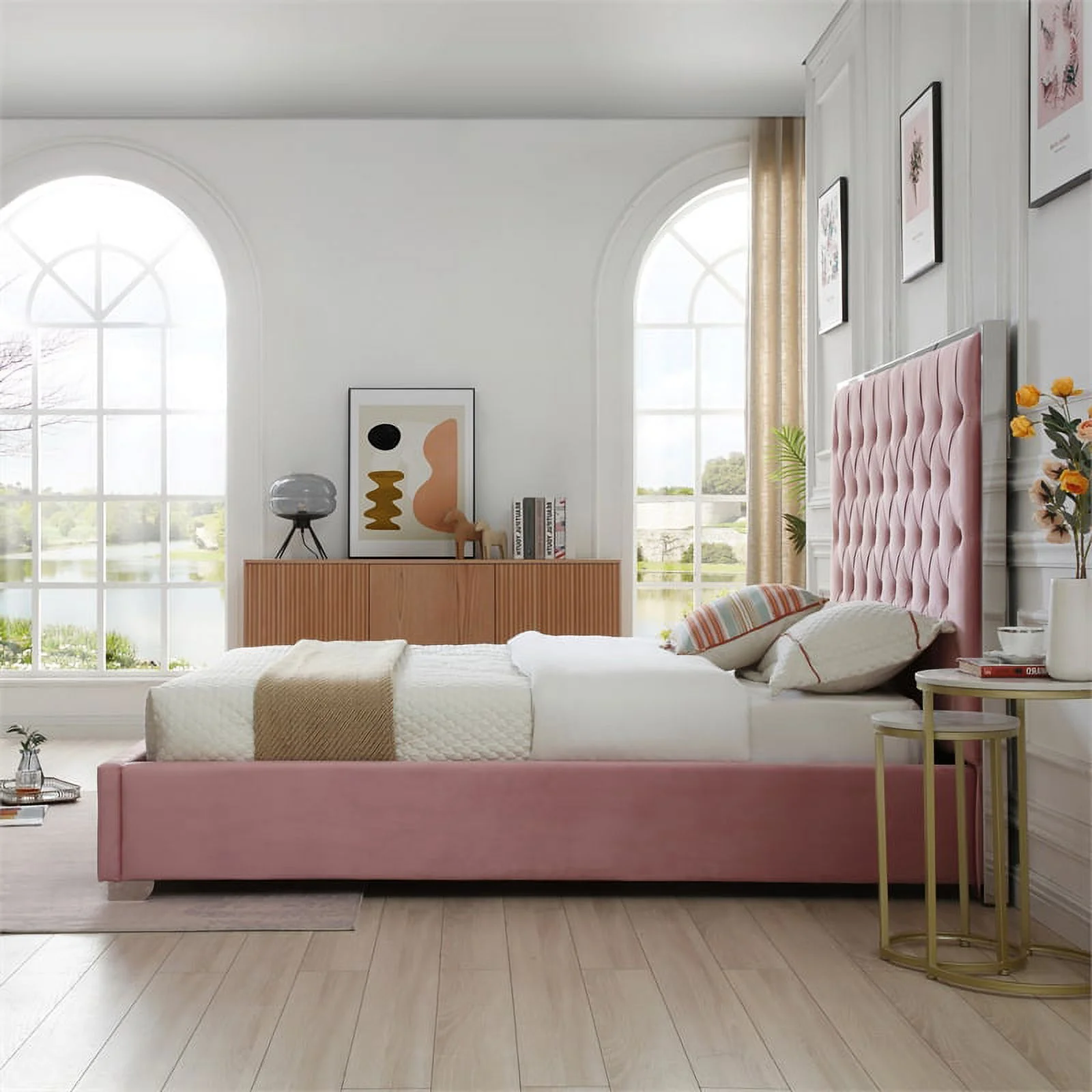 Better Home Products Sophia Velvet Queen Bed with Silver Metal Frame in Pink