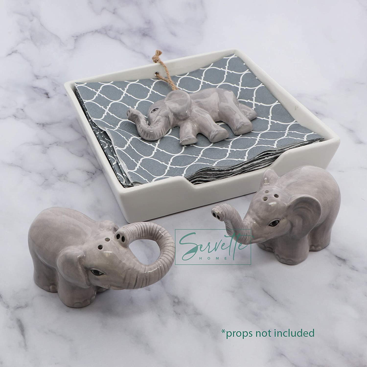 Servette Home Elephant Shaped Salt and Pepper Shakers Set with White Ceramic Napkin Holder - Unique Kitchen Accessories