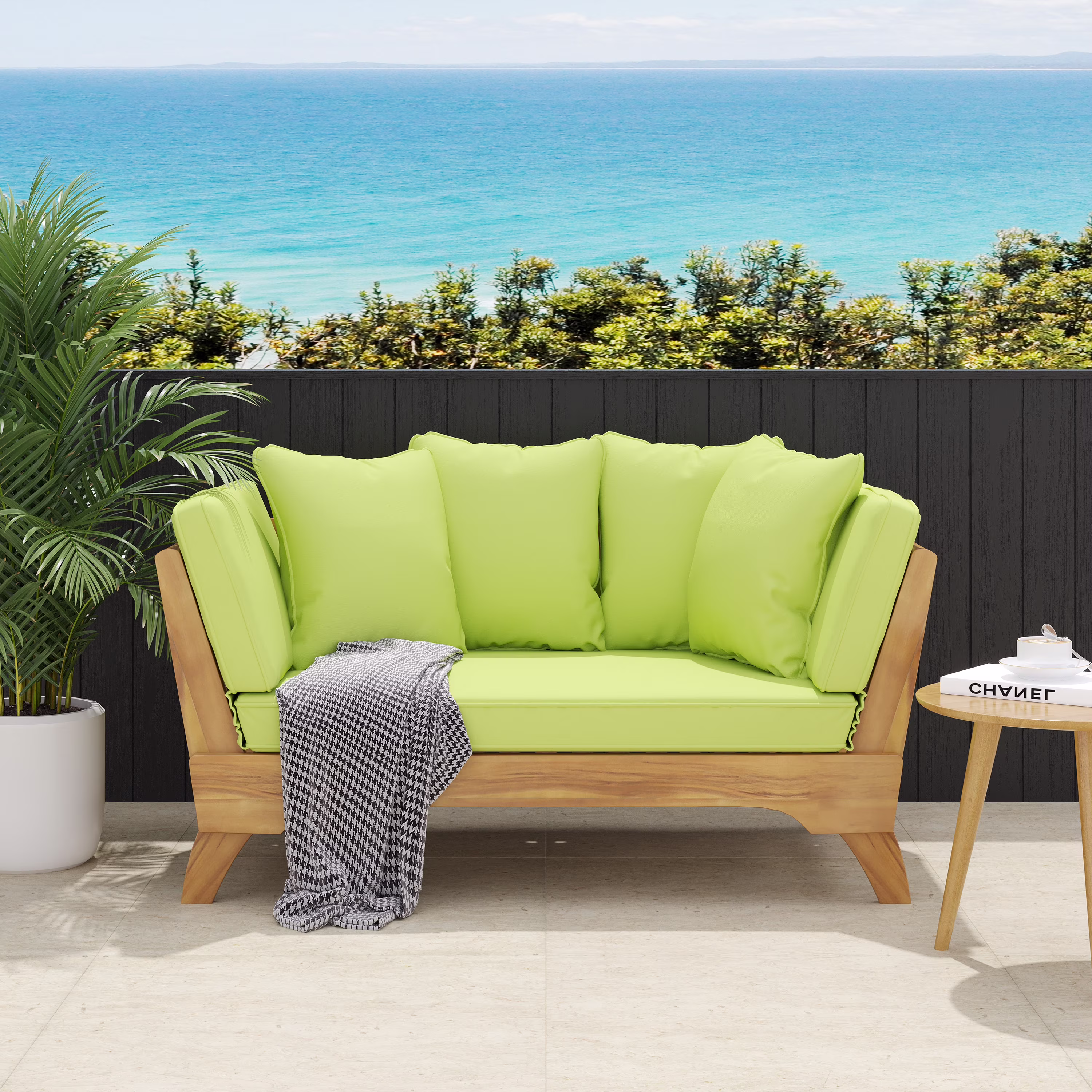 Finleigh Acacia Wood Outdoor Expandable Daybed with Cushions, Teak, Light Green, and Khaki