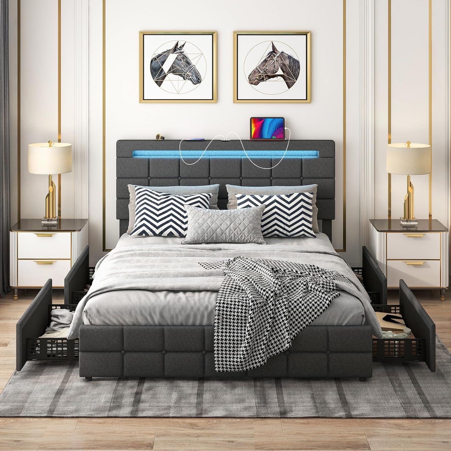 Queen Bed Frame with LED Lights and 4 Drawers, Upholstered Platform Bed Frame with USB Ports, Tufted Adjustable Headboard Design, Solid Wooden Slat Support, No Box Spring Needed