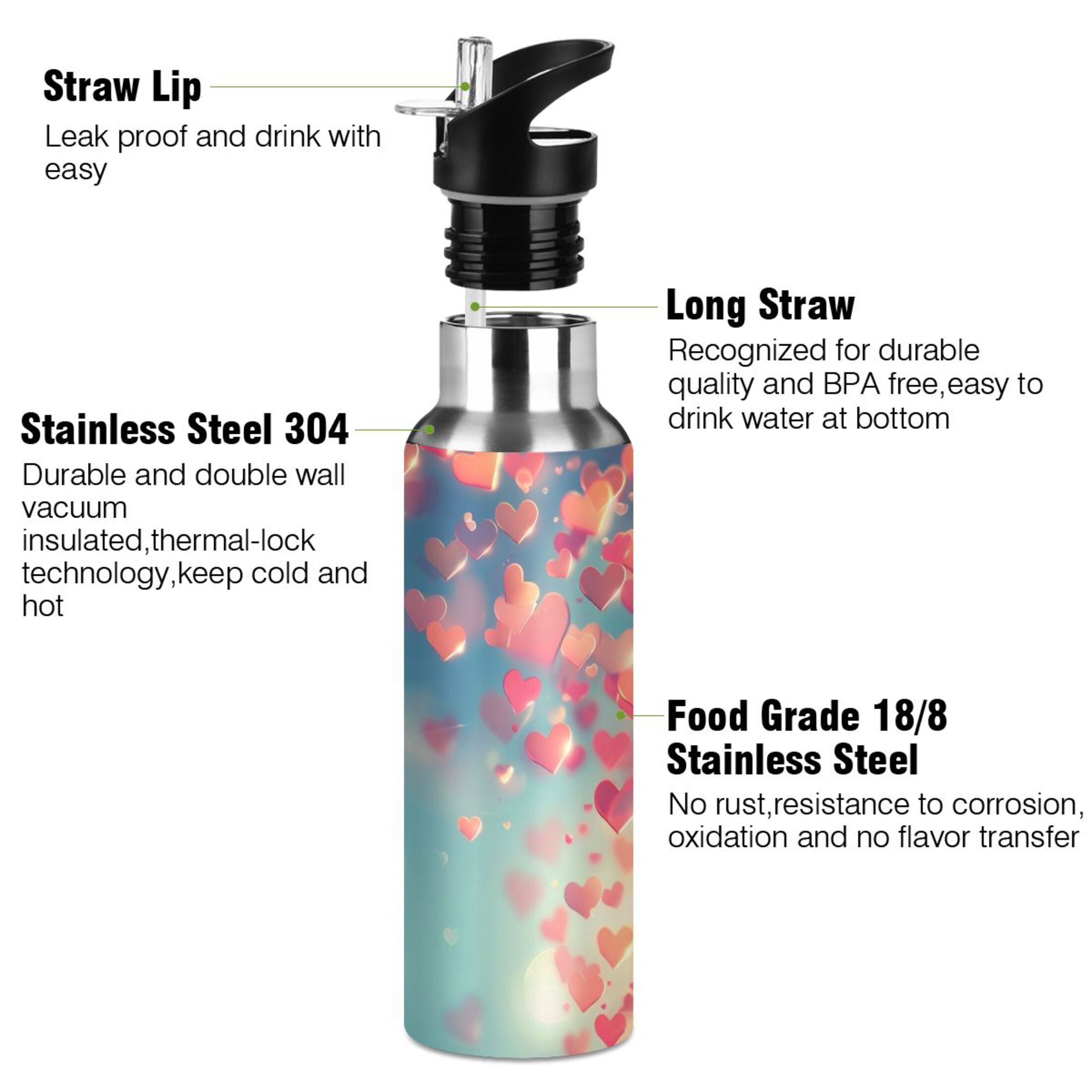 Beautiful Hearts Water Bottles Insulated Thermos Kids Stainless Steel Bottle with Straw Lid Flask Leakproof for Sports Gym 20 oz