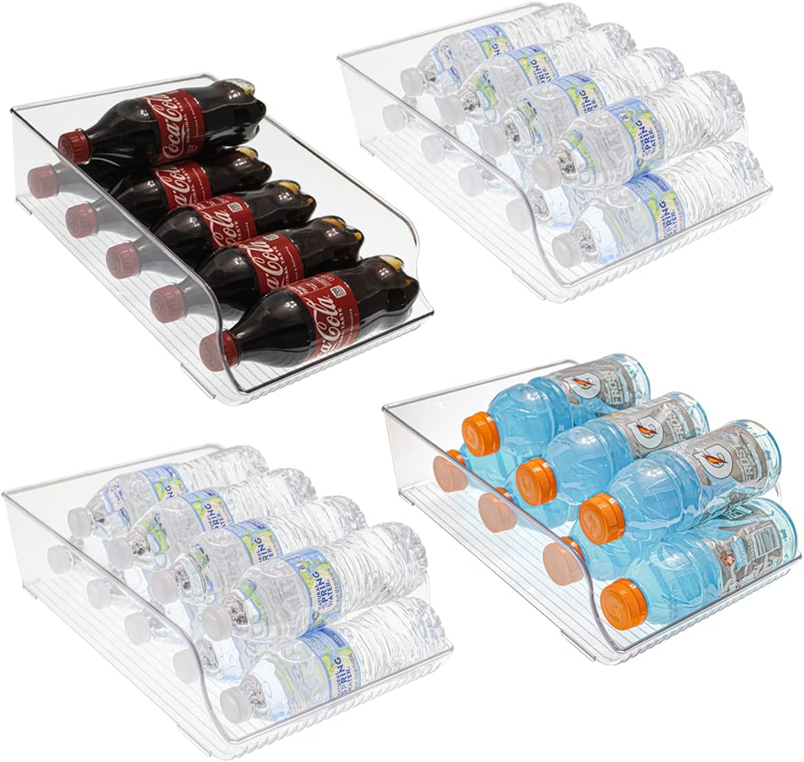 4 Pack Clear Water Bottle Dispenser Organizer Bins For Refrigerator - BPA-Free - Fridge Tray For Drinks Soda Cans & - Perfect Refrigerator Organization & Storage