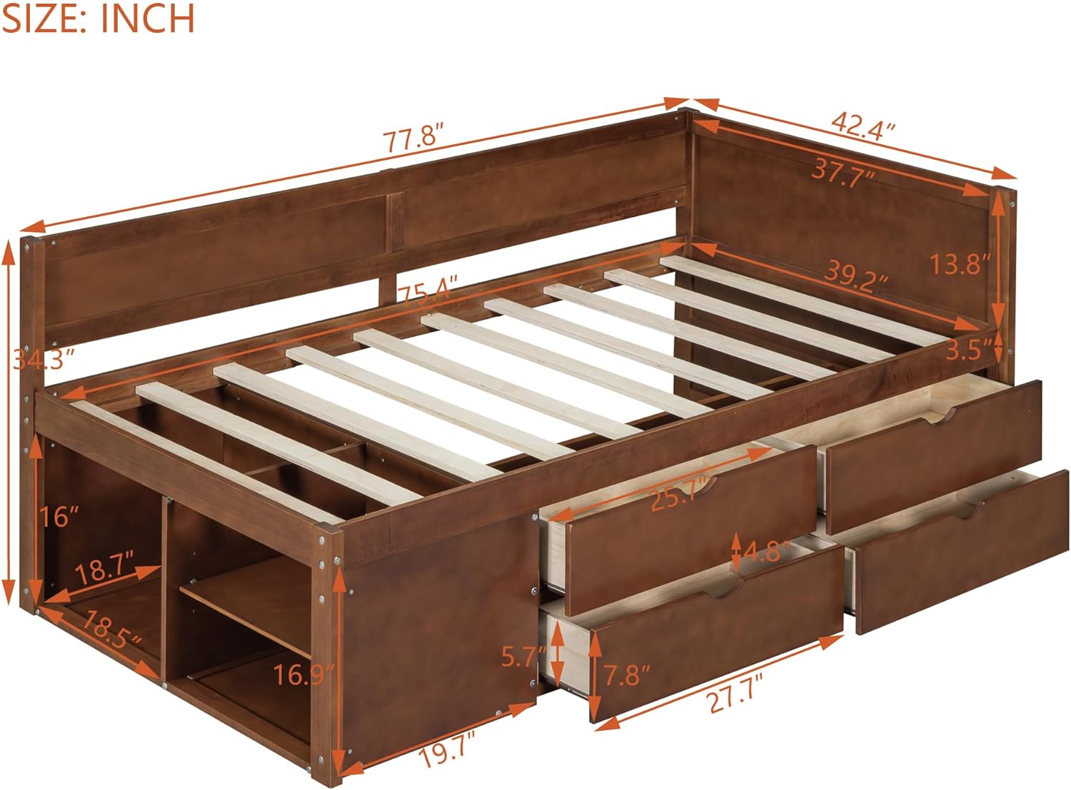 Size Daybed With 4 Pull-Out Drawers Drawers Ad 3 Fuctioig Shelves, Woode Day Bed Frame With Storage,o Box Sprig Required,Walut