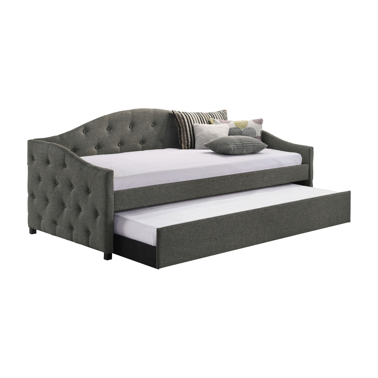 Mosh Twin Daybed with Trundle Camel Back Button Tufted Gray Upholstery- Saltoro Sherpi