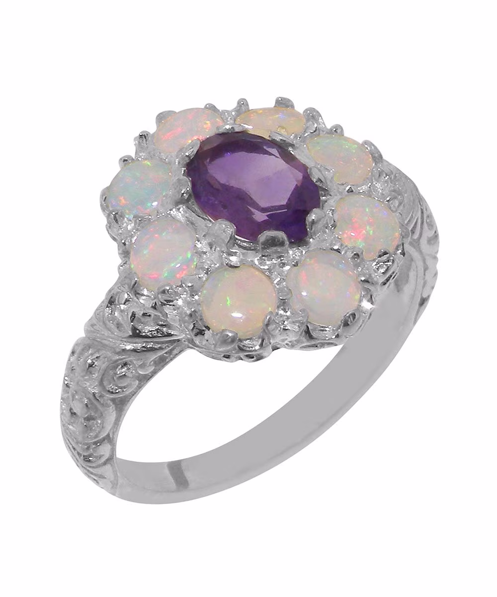 LBG British Made 18k White Gold Natural Amethyst & Opal Womens Statement Ring - 33 size options - Size 10