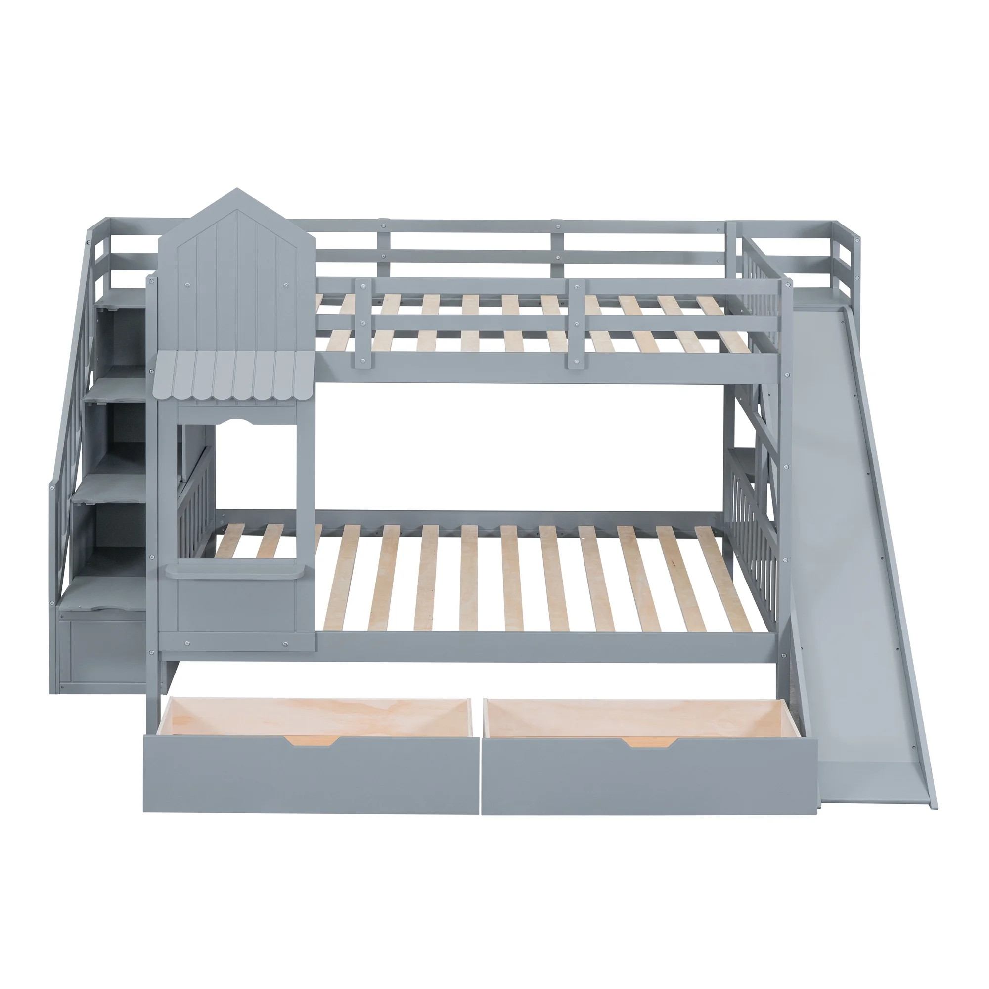 Full-Over-Full Castle Style Bunk Bed with 2 Drawers 3 Shelves and Slide - Gray