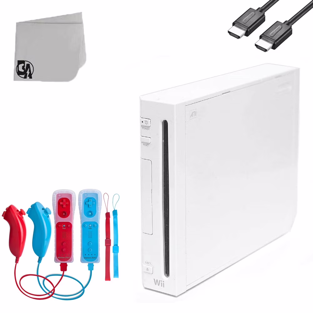 Nintendo Wii White Gaming Console With 2 Red&Blue Gaming Controller + HDMI Cable BOLT AXTION Bundle Like New