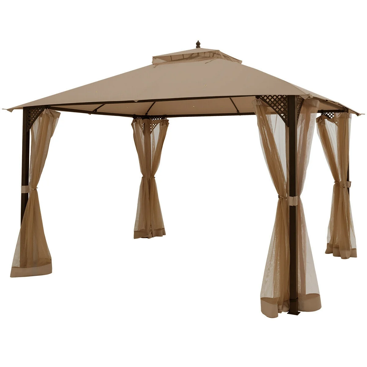 Forclover 12' x 10' Outdoor Patio Gazebo Canopy Shelter Double Top Sidewalls Netting Brown