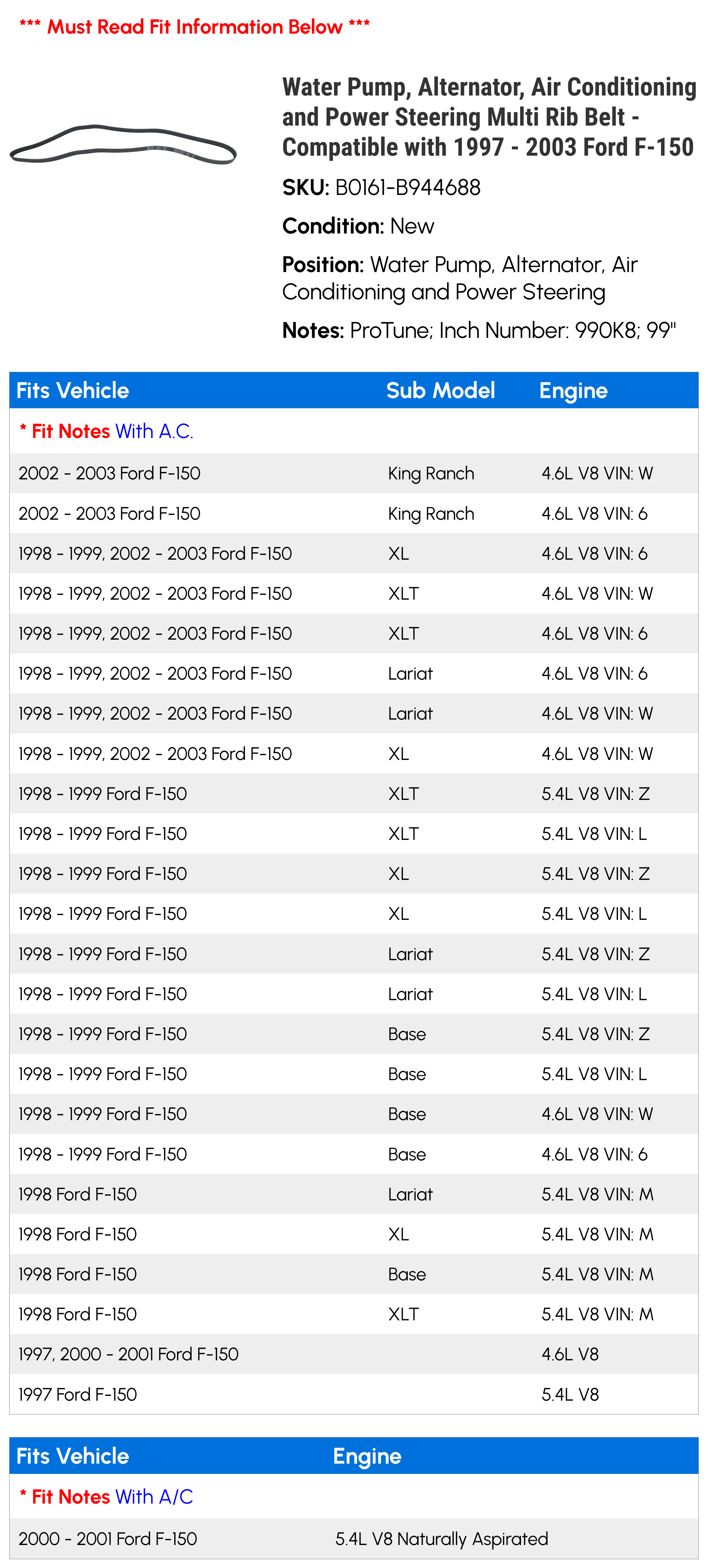 Water Pump, Alternator, Air Conditioning and Power Steering Multi Rib Belt - Compatible with 1997 - 2003 Ford F-150 1998 1999 2000 2001 2002
