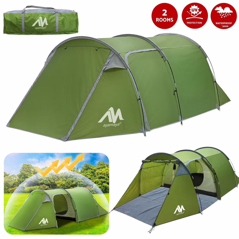HOMEYA 3-4 Person Dome Camping Tent With Vestibule, 2 Room, Double Layer, Family Tunnel Tent, Green