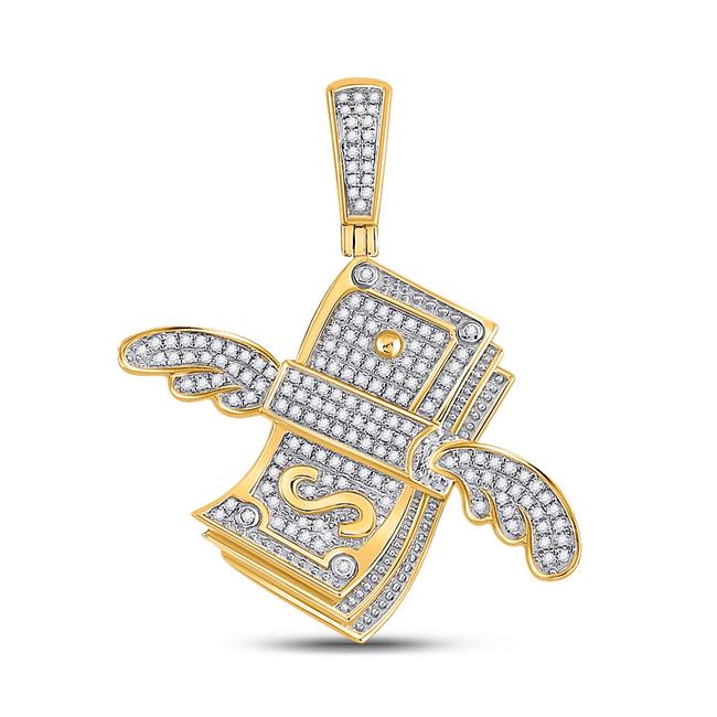 10KT Yellow Gold Round Diamond Flying Dollar Money Charm Pendant for Men - 0.5 CTTW