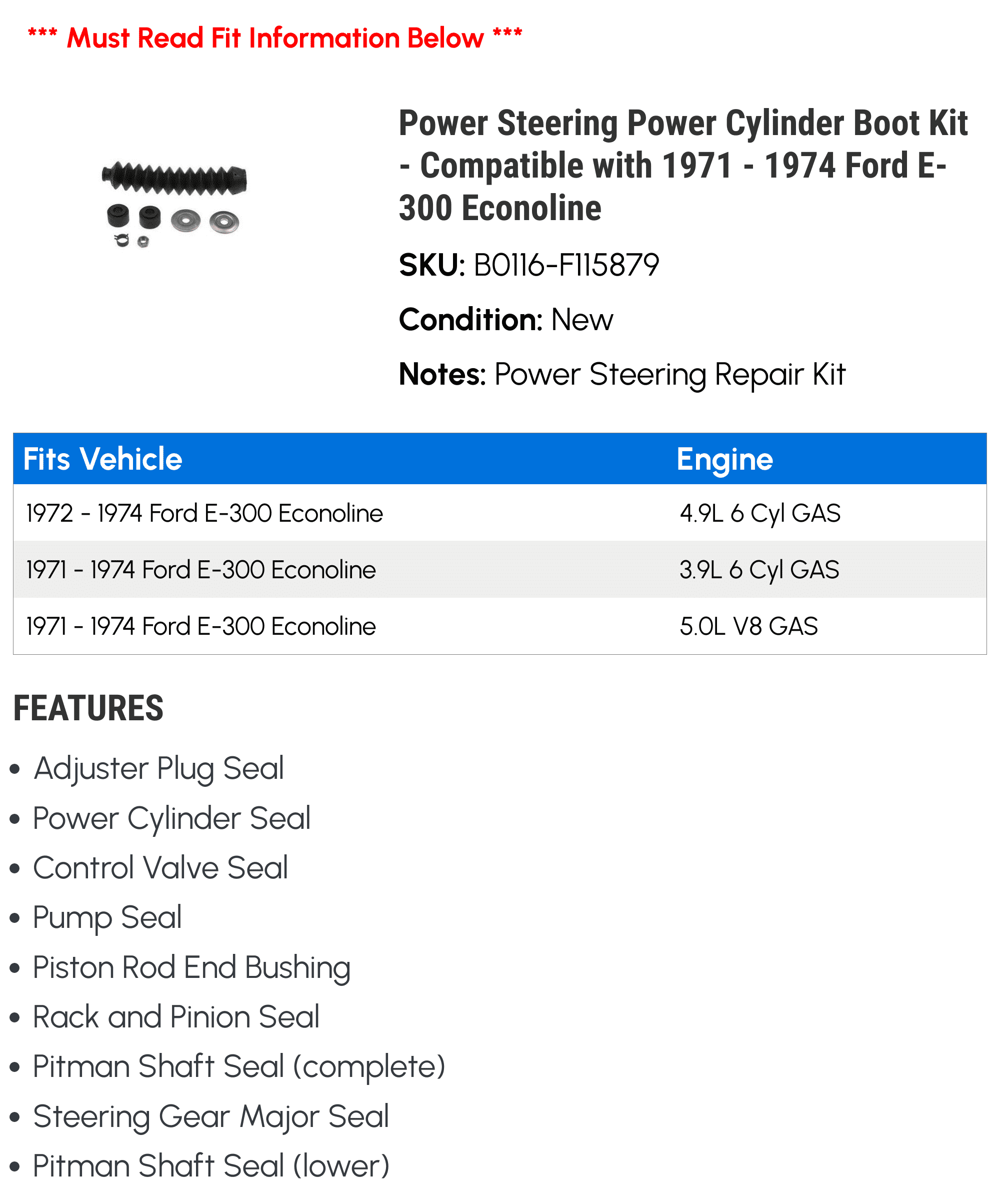 Power Steering Power Cylinder Boot Kit - Compatible with 1971 - 1974 Ford E-300 Econoline 1972 1973