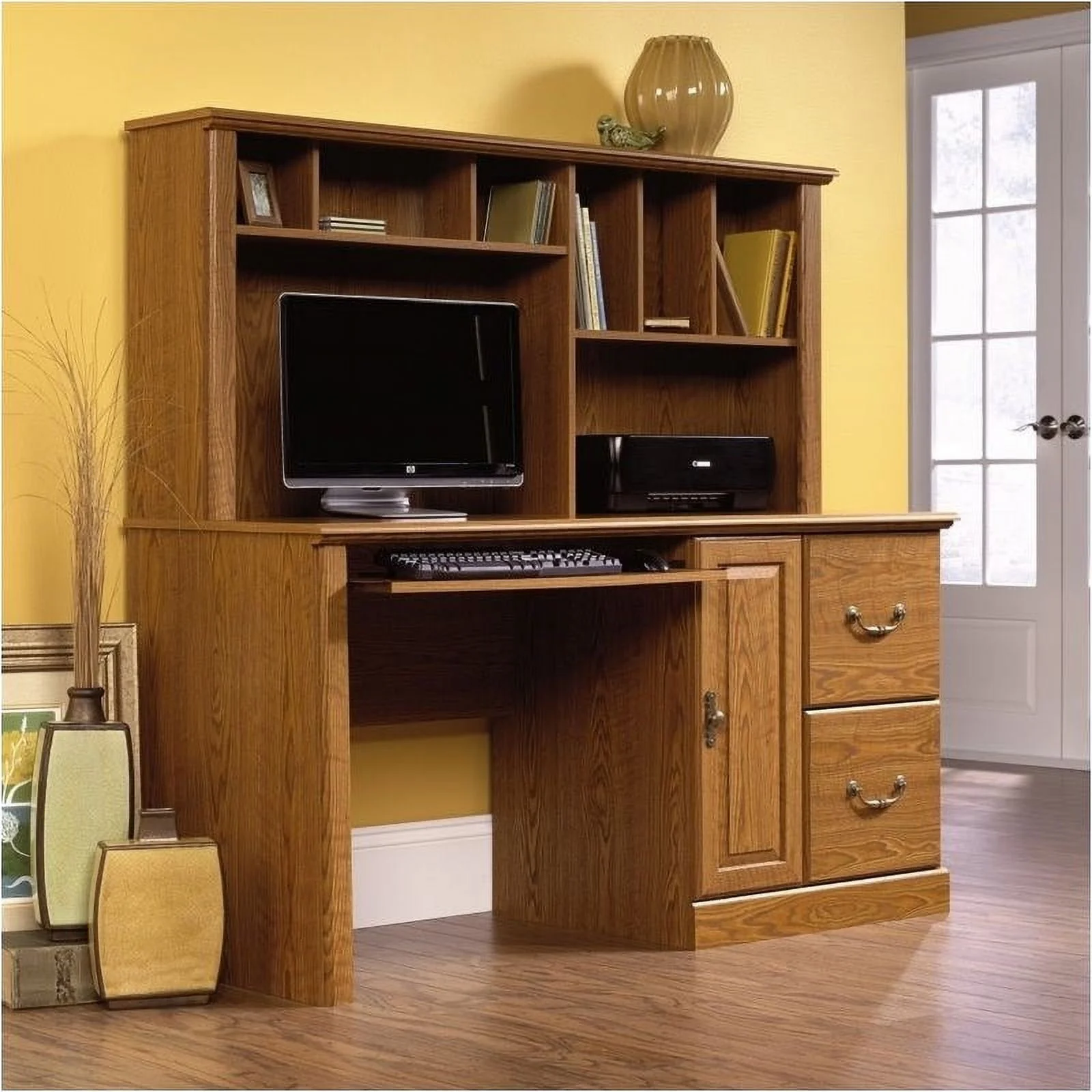 Bowery Hill Traditional Wood Computer Desk with Hutch in Carolina Oak