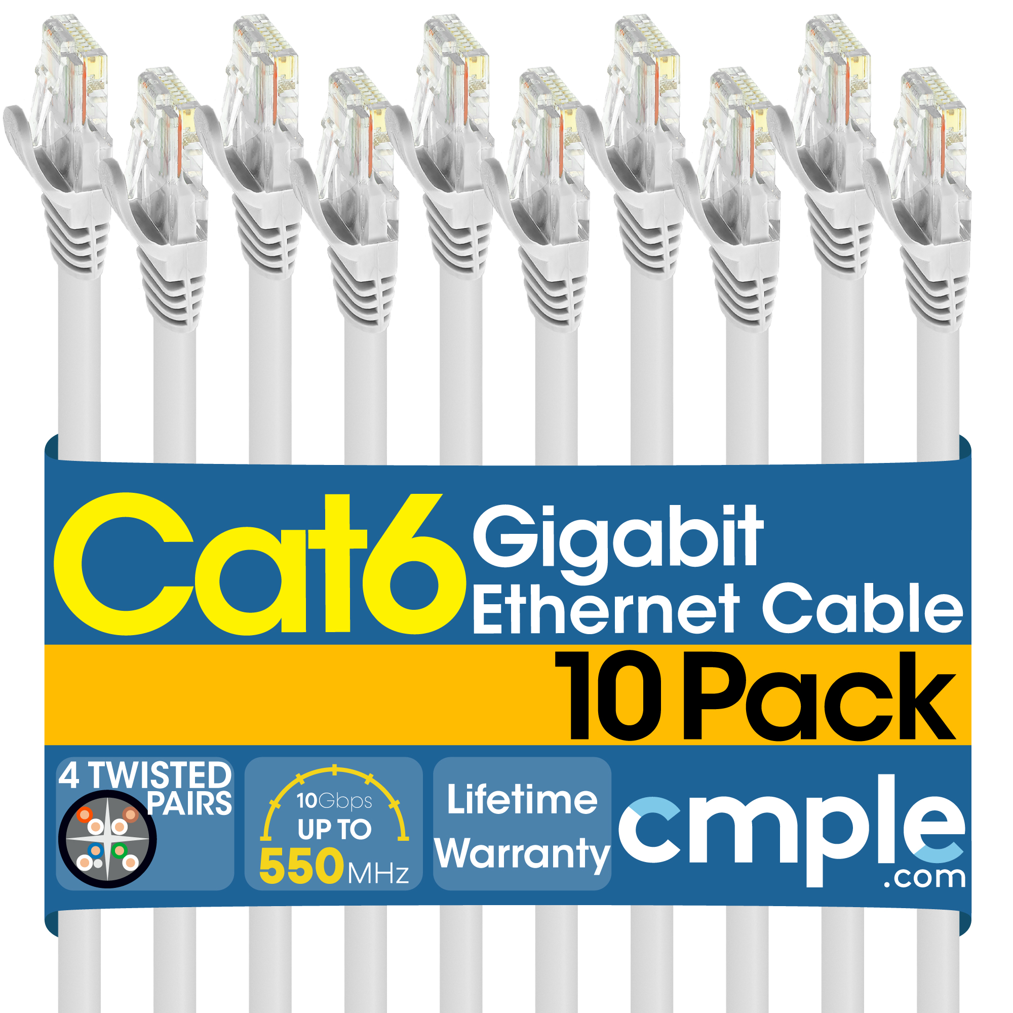 Cmple - [10 PACK] 10 Feet Cat6 Ethernet Cable, 10Gbps - 550Mhz Patch Cable, Cat6 Cable, Internet Network Cord, UTP Computer LAN Cable with RJ45 Connectors, Cat 6 Wire - White