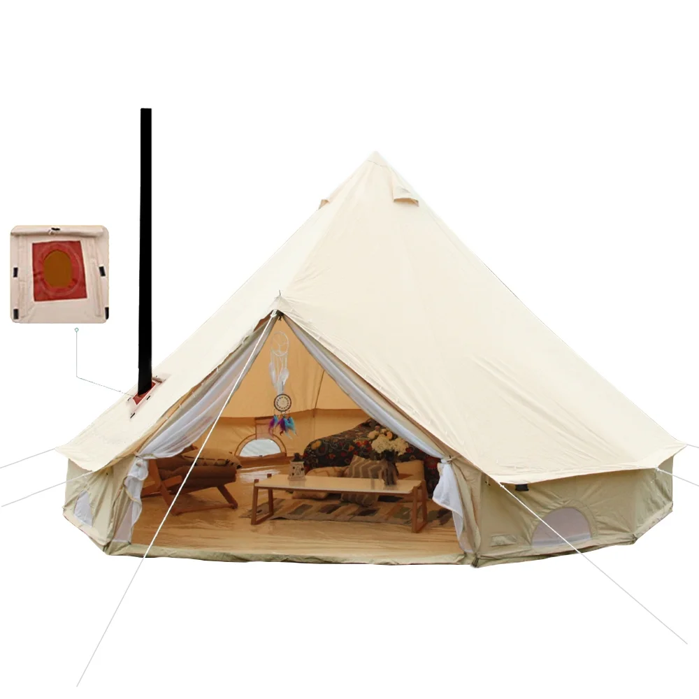 UNISTRENGH 4 Seasons 5M Waterproof Cotton Canvas Bell Tent With Chimney Hole Glamping Tent For Camping