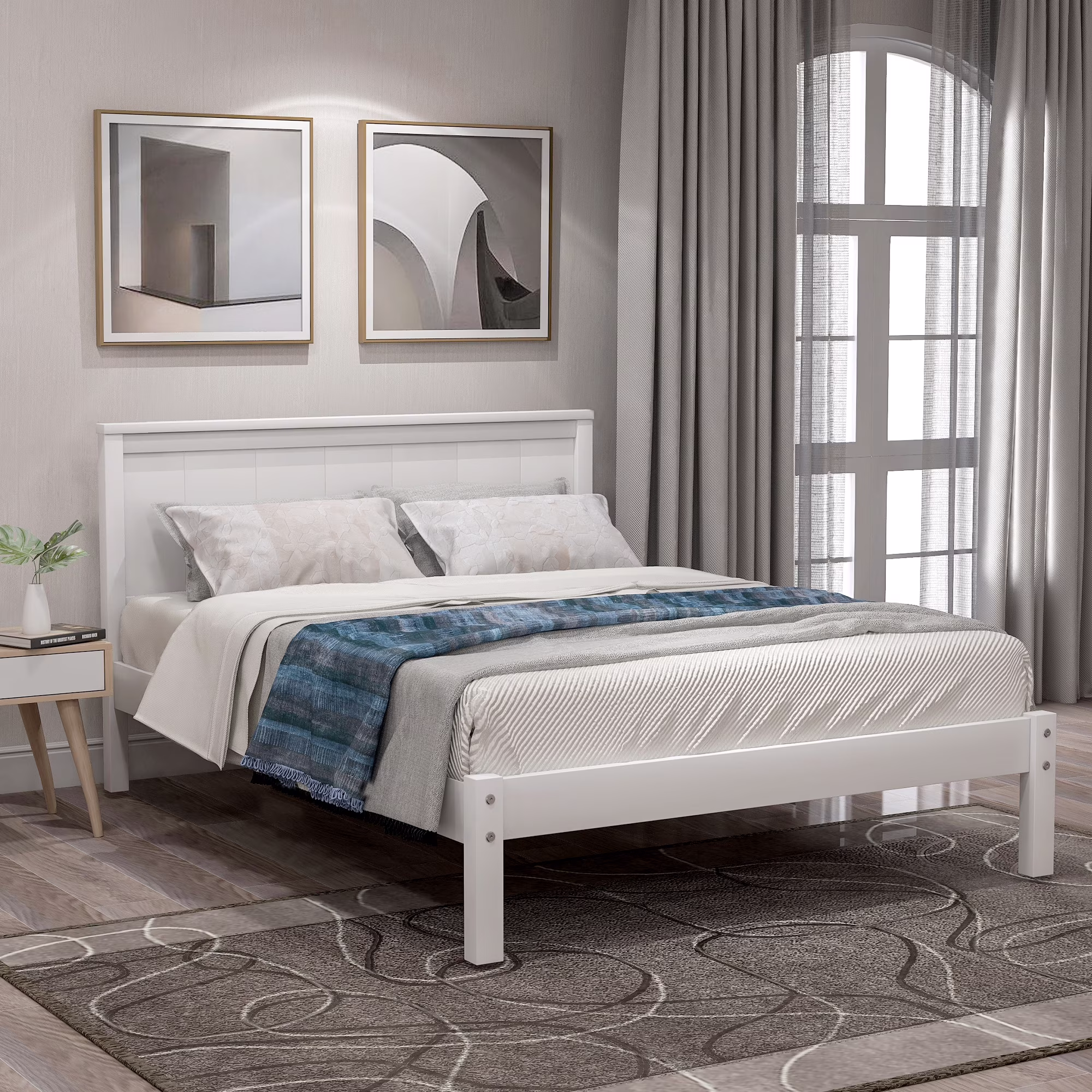 Platform Bed Frame with Headboard , Wood Slat Support , No Box Spring Needed ,Twin,White(OLD SKU:WF191418AAK)
