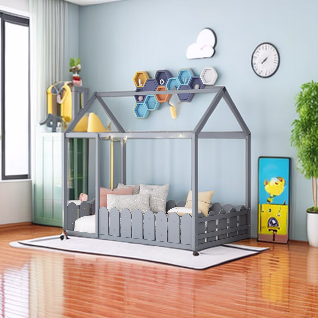 House Bed Frames with Pine Wood Roof and Fence, Twin Size Wood Bed for Kids, Teens, Boys or Girls, Box Spring Needed(Slats are not Included)