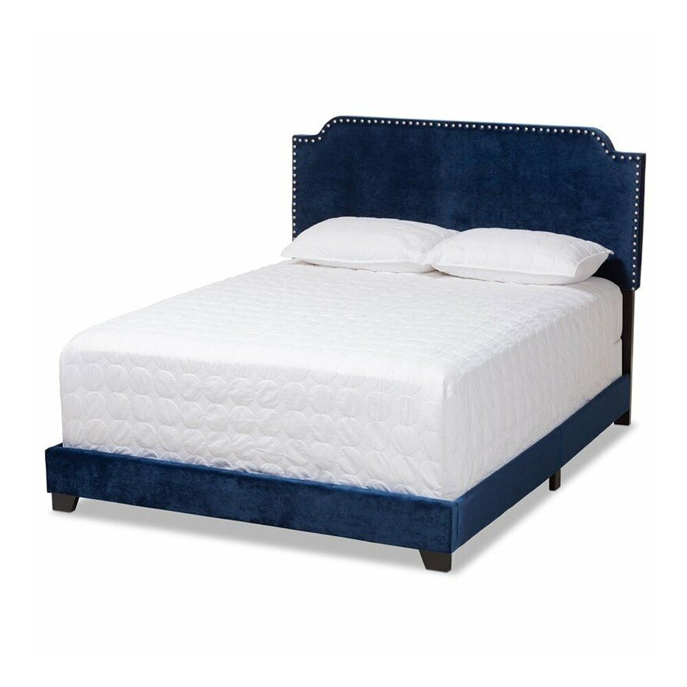 King Size Velvet Nailhead Upholstered Bed Navy