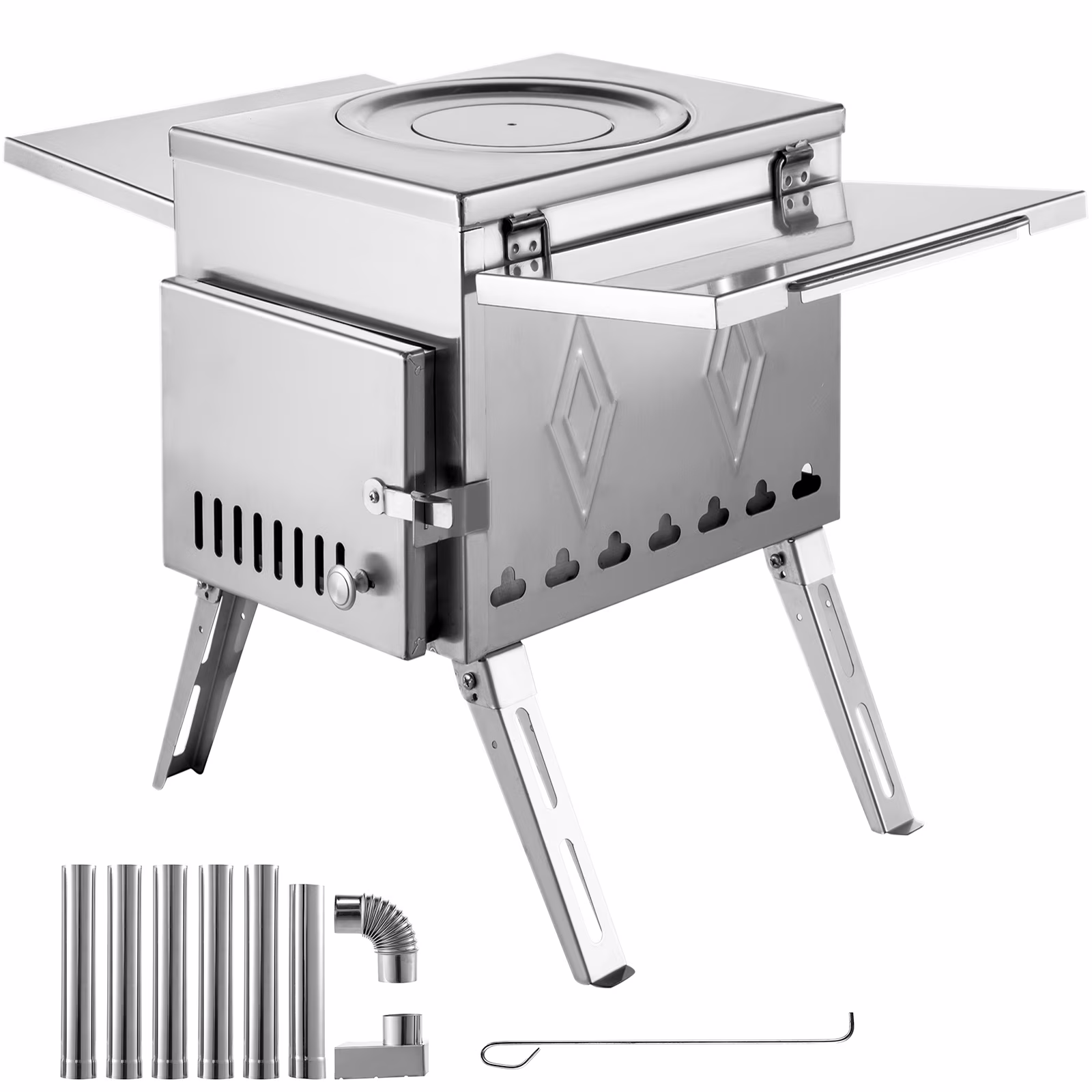 SKYSHALO Tent Wood Stove 17.5x14.7x10.6 inch, Camping Wood Stove 304 Stainless Steel with Folding Pipe, Portable Wood Stove 95.7 inch Total Height for Camping, Tent Heating, Hunting, Outdoor Cooking