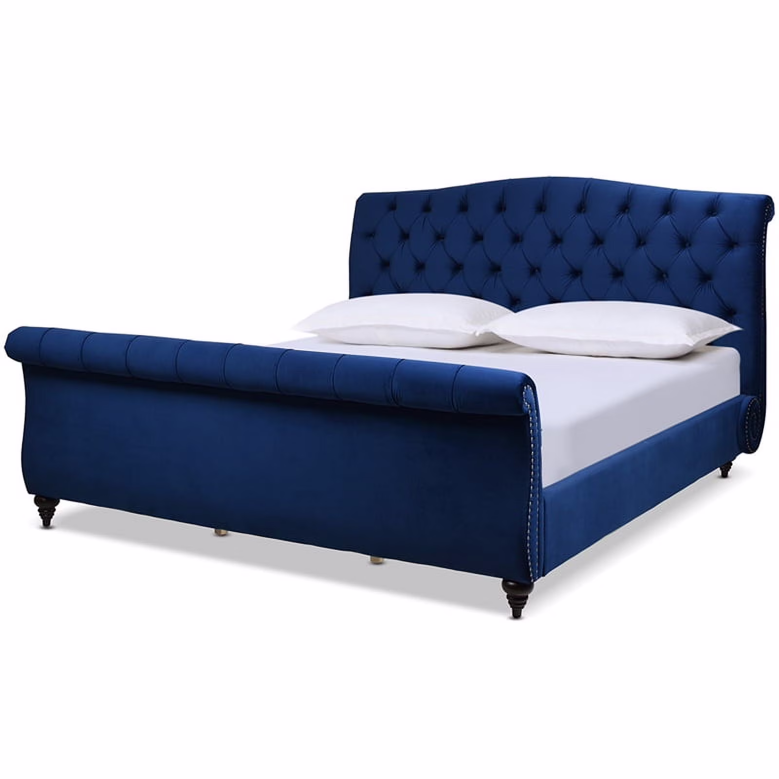 Maklaine King Bed Frame with Headboard & Footboard Navy Blue Velvet