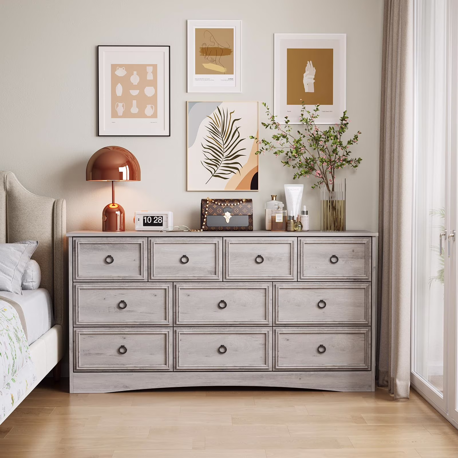 Gray Dresser for Bedroom, Modern Farmhouse Wide 10 Drawer Dresser, Chest of Drawers for Living Room, Entryway and Hallway