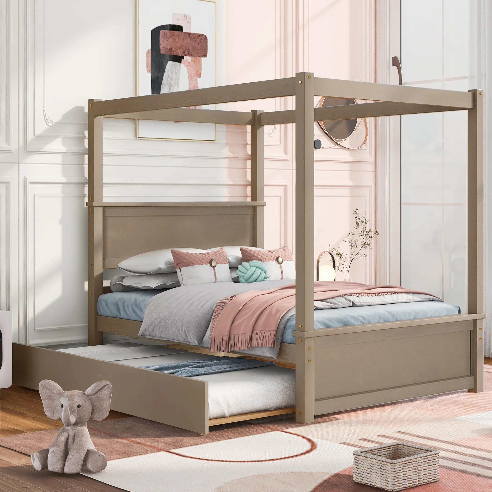 Docooler Wood Canopy Bed with Trundle Bed ,Full Size Canopy Platform bed With  Support Slats .No Box Spring Needed, Brushed  Light Brown,SIZE: 79.5