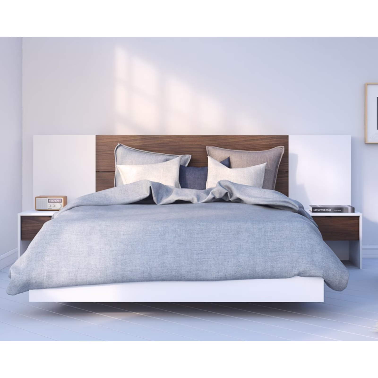 Nexera Identi-T Platform bed with Plank Effect Headboard, White & Walnut