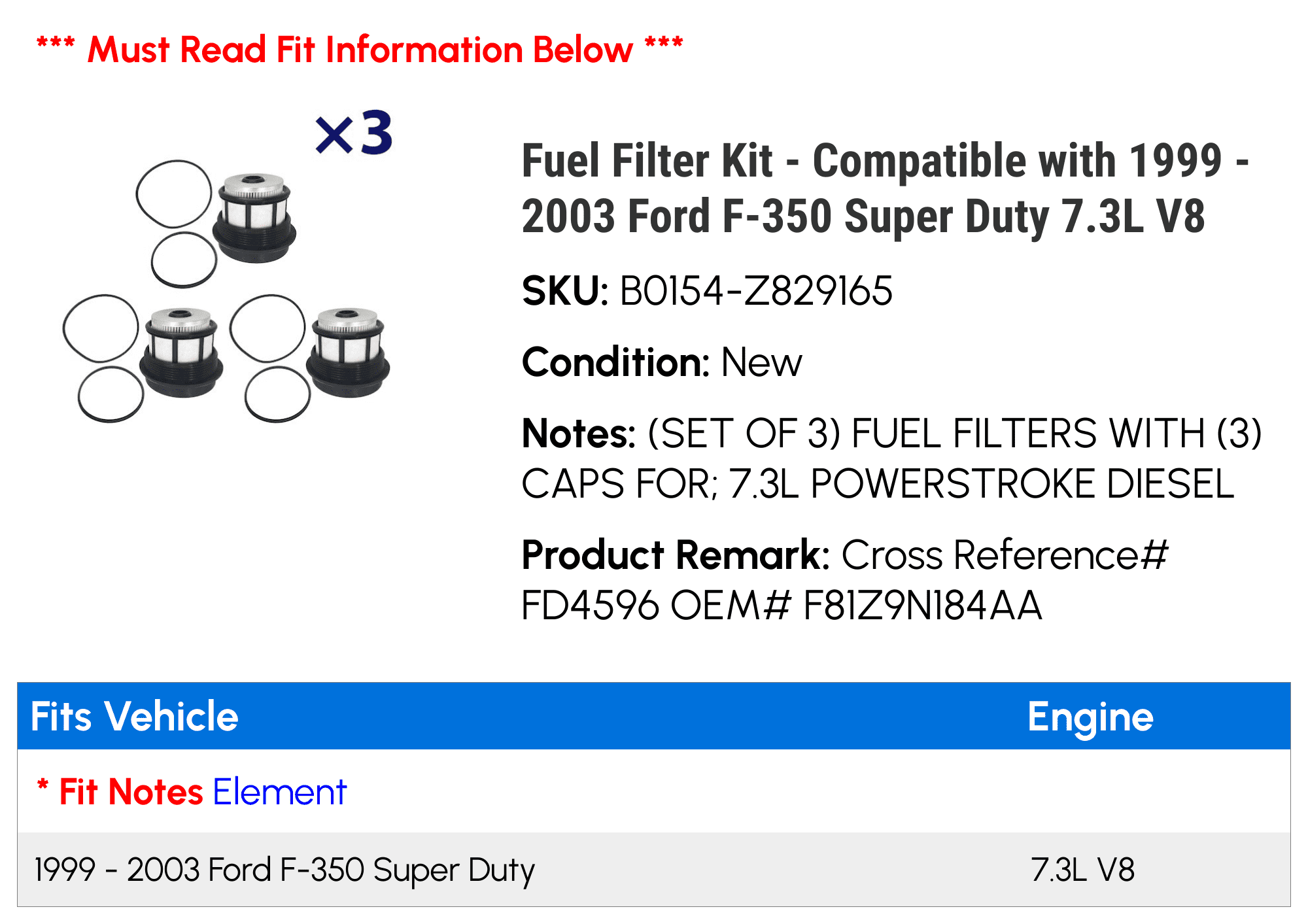 Fuel Filter Kit - Compatible with 1999 - 2003 Ford F-350 Super Duty 7.3L V8 2000 2001 2002
