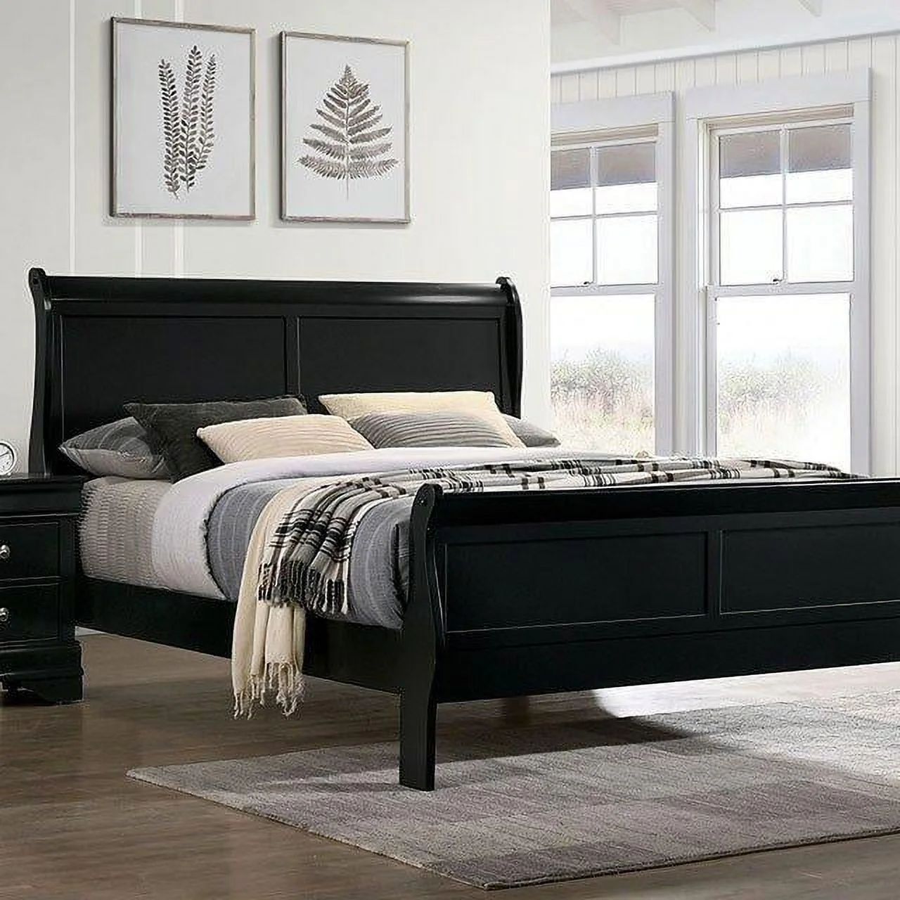 Transitional Black Solid Wood Queen Bedroom Set 5pcs FOA CM7966BK Louis Philippe