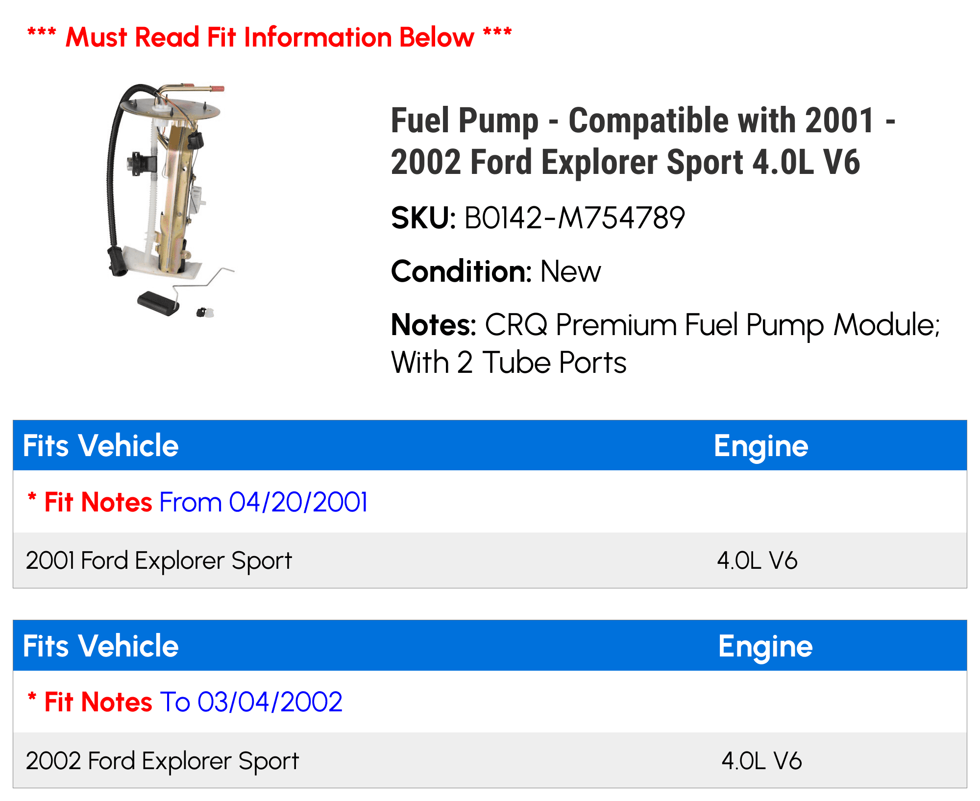 Fuel Pump - Compatible with 2001 - 2002 Ford Explorer Sport 4.0L V6