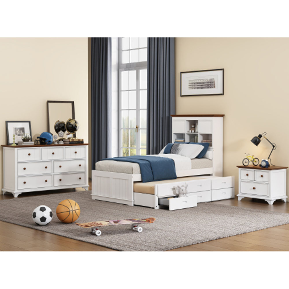 3 Pieces Wooden Captain Bedroom Set Twin Bed with Trundle, Nightstand and Dresser, White + Walnut