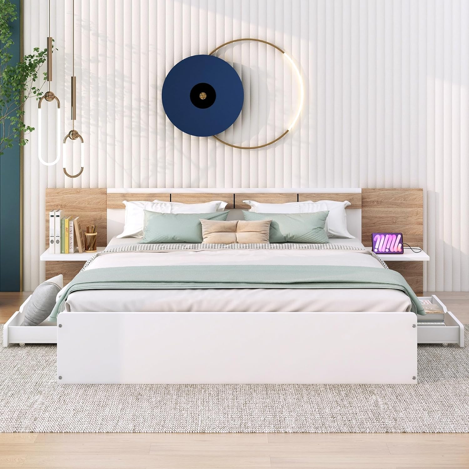 Queen Bed Frame With Storage Drawers, Wood Platform Bed With Headboard And Power Outlets, USB Ports Charging Station, Storage Shelves, Wooden Slats Support, No Box Spring Needed, White