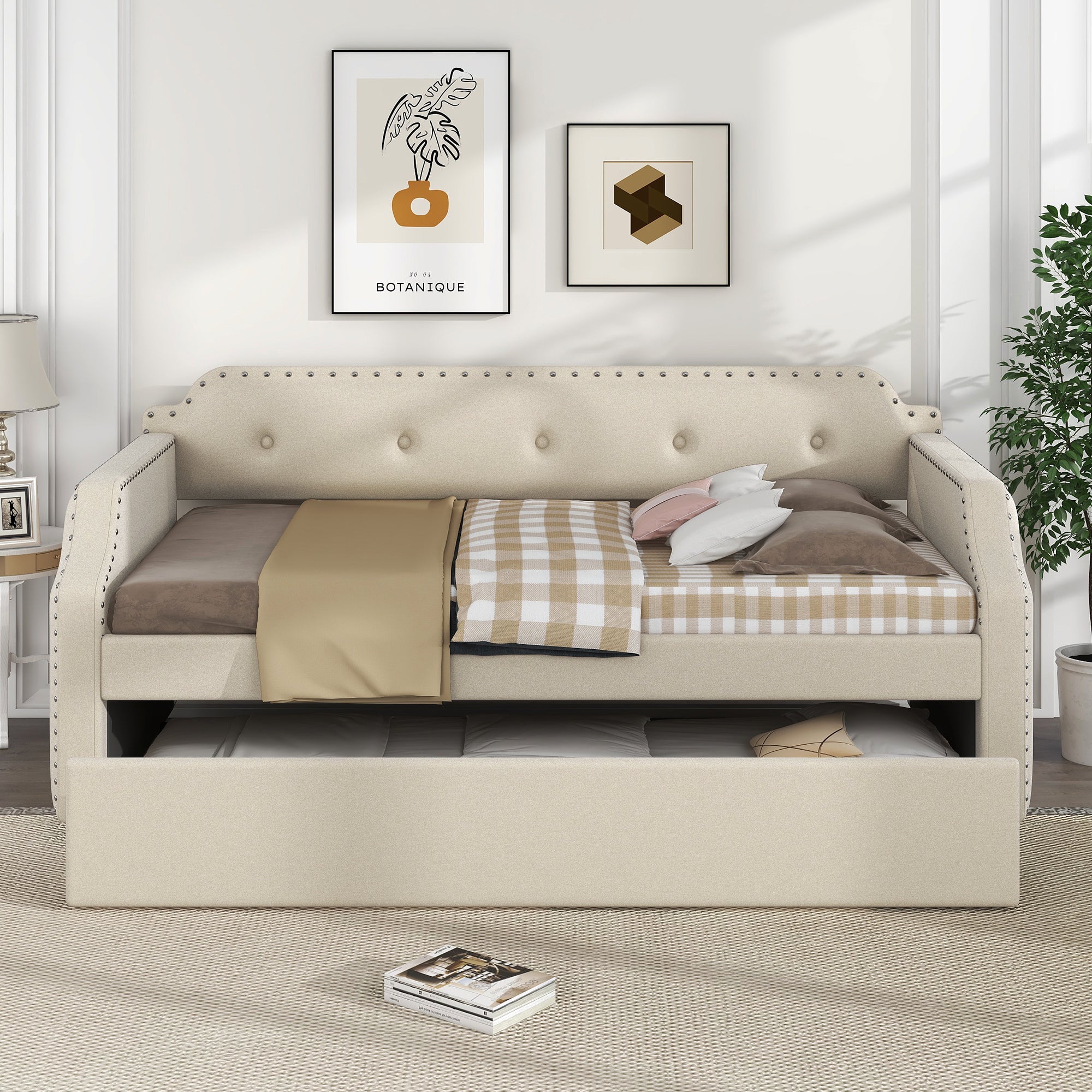 Ascar Twin Size Upholstered Daybed with  Trundle - Beige