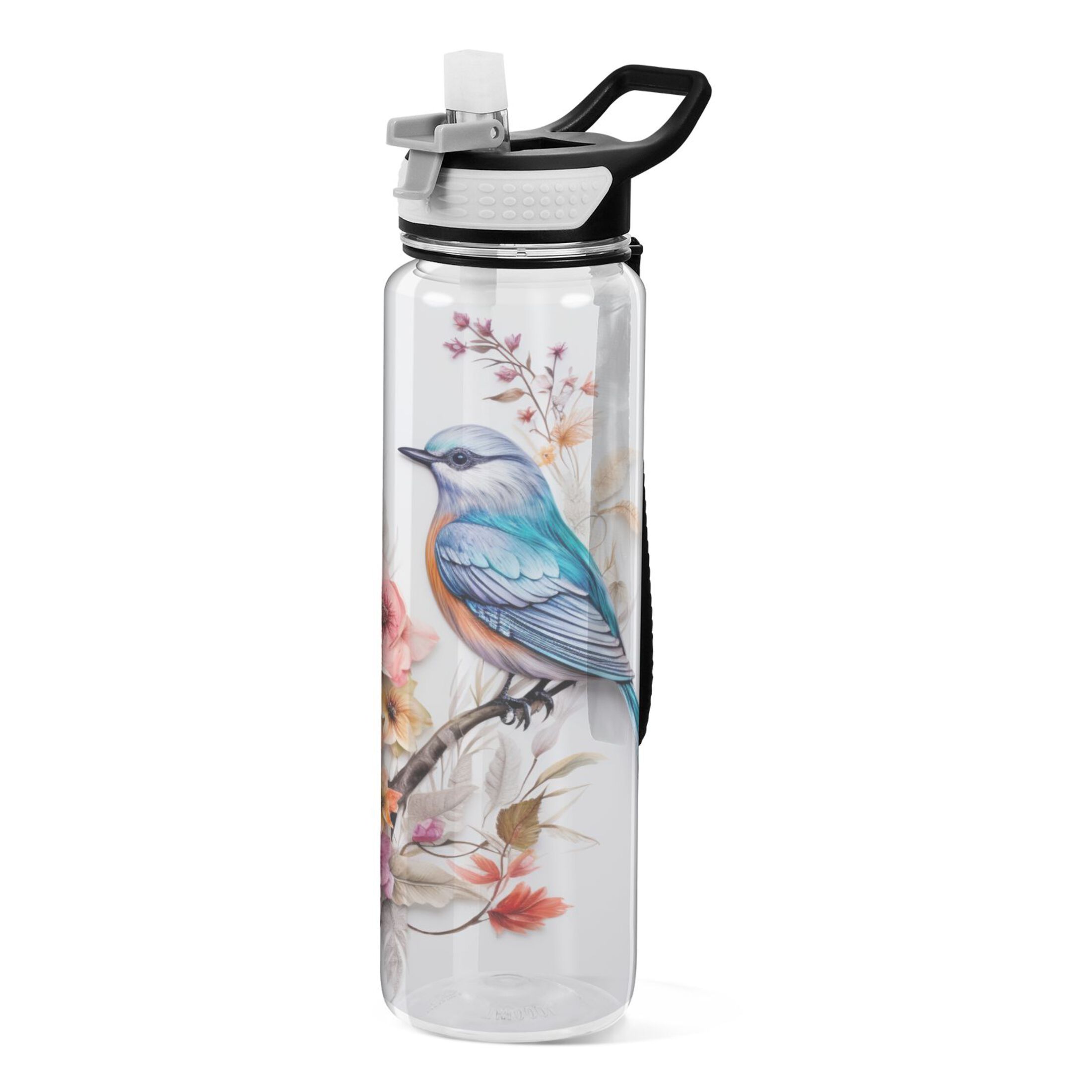 Bird on Beautiful Floral Branch 32oz Sports Water Bottles Leakproof Tritan Bottle with Straw BPA Free Clear Bottle for Fitness Gym Outdoor Cycling