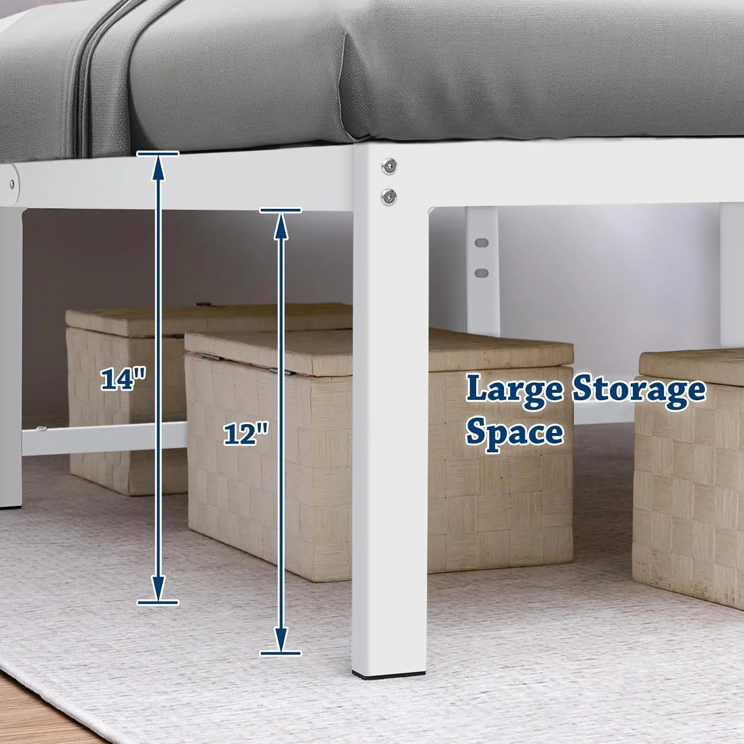 YGDU 14 Inch Full Bed Frame with Storage Heavy Duty Tall Metal Platform Bed Frame with Steel Slats No Box Spring Needed Noise Free Anti Slip White