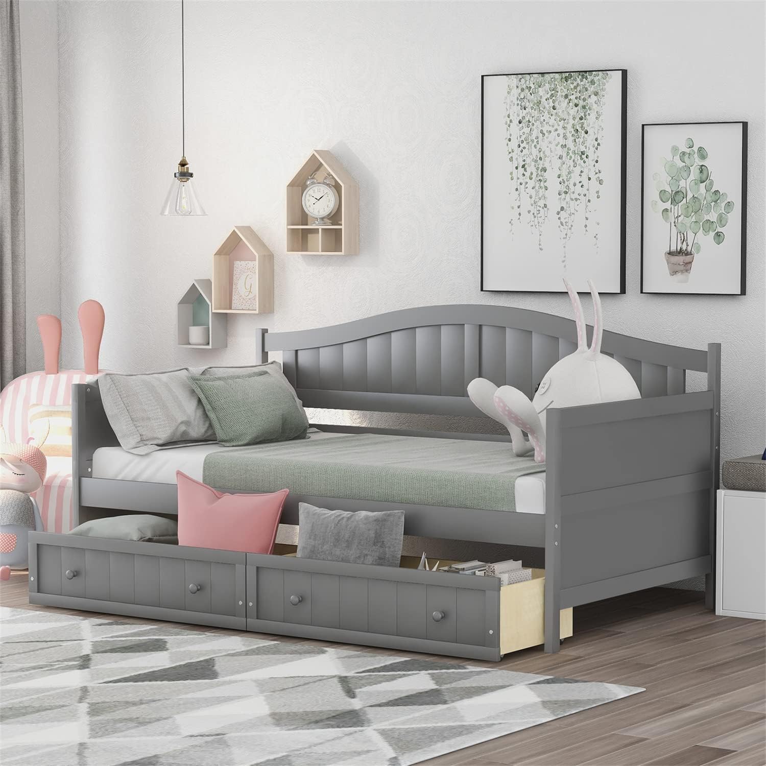 Daybed With Storage Drawers Wood Day Bed Frame For Living Room Bedroom Dual-Use Sofa Beds For Kids Guests Sleepovers, Size, Gray