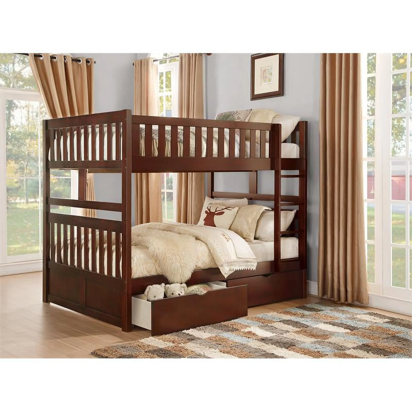 Pemberly Row Transitional Wood Full over Full Bunk Bed with Boxes in Dark Cherry