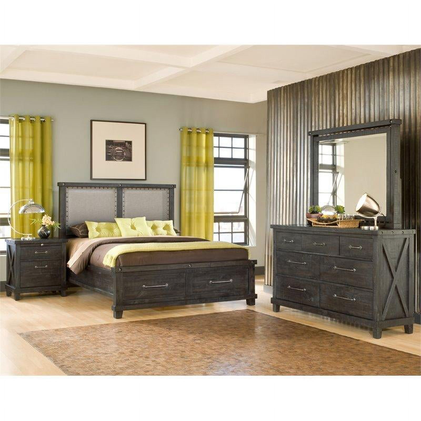 Yanez 6PC Full Storage Fabric Bed, 2 Nightstand, Dresser, Mirror & Chest Set in Charcoal - Solid Wood