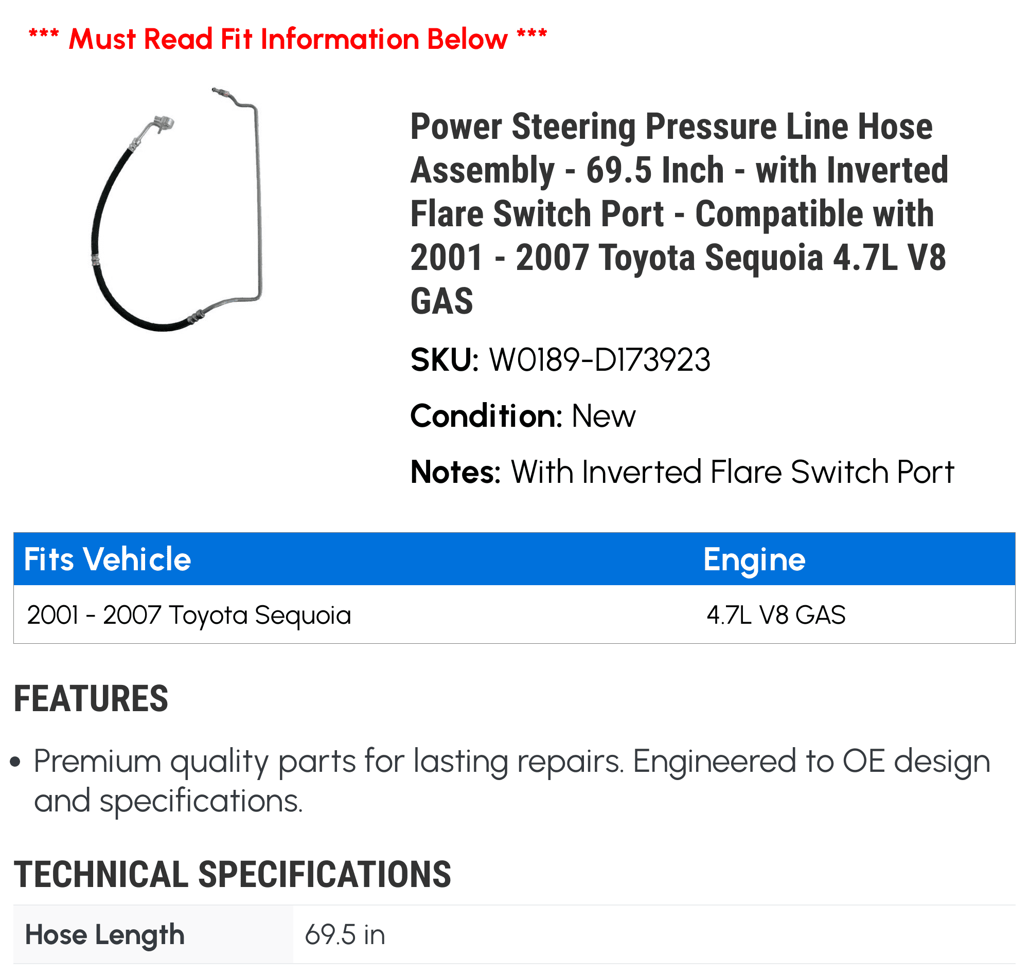 Power Steering Pressure Line Hose Assembly - 69.5 Inch - with Inverted Flare Switch Port - Compatible with 2001 - 2007 Toyota Sequoia 4.7L V8 GAS 2002 2003 2004 2005 2006