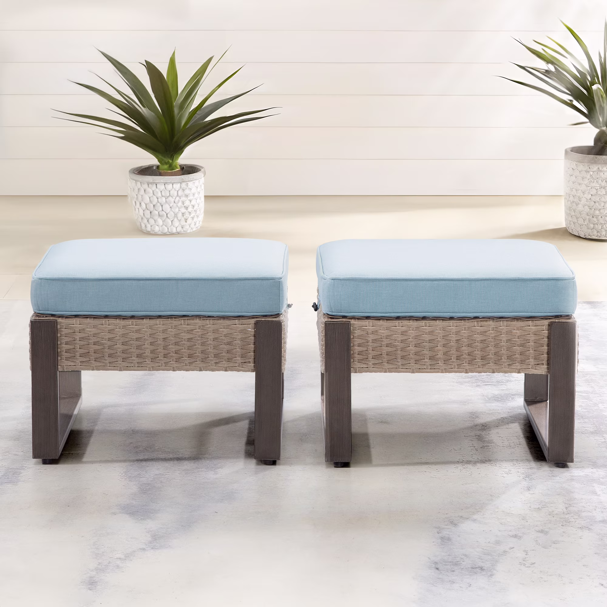 Meetleisure 2-Piece Outdoor PE Rattan Ottomans with Removable Cushions, Sky Blue